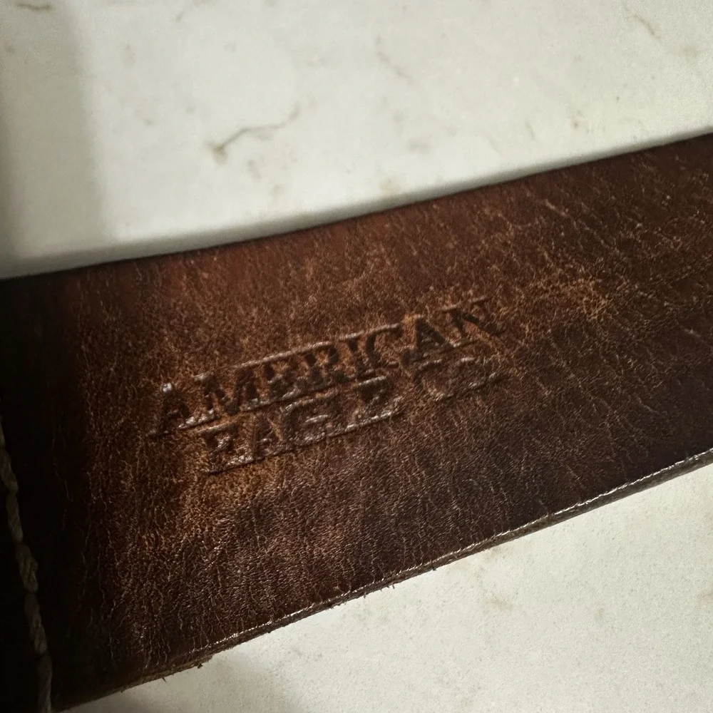 Vintage Y2K American Eagle Leather Belt Mens 34 Brown Brass Buckle Preppy
